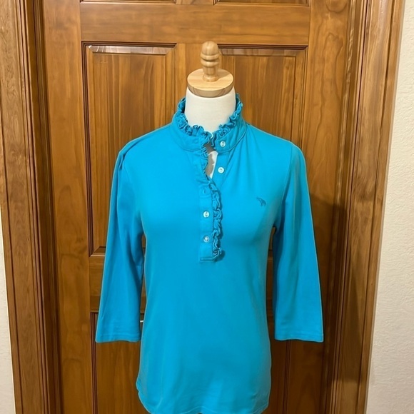 Tracy Negoshian Turquoise Ruffle Neck Polo Size S - Picture 2 of 6